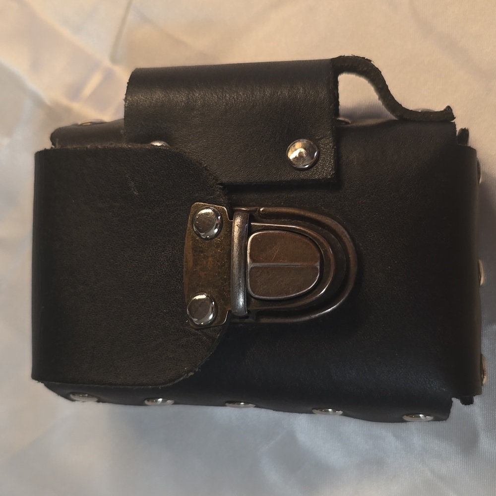 Black Full Grain Leather Cigarette Pouch with Metal Accents And Lighter Holder